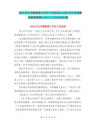 2024年公司销售部上半年工作总结与2024年公司预算经营部预算人员个人工作总结汇编