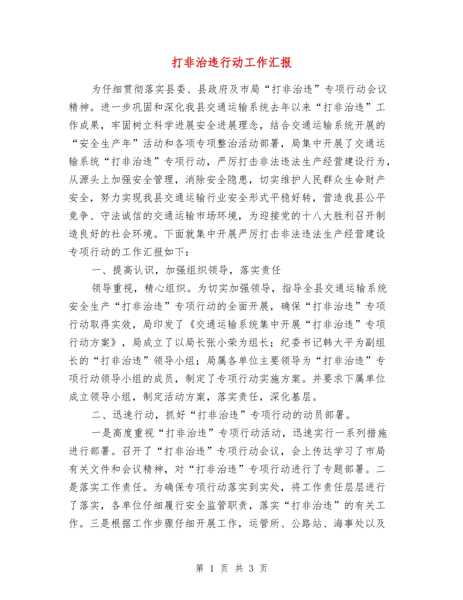 打非治违行动工作汇报_第1页