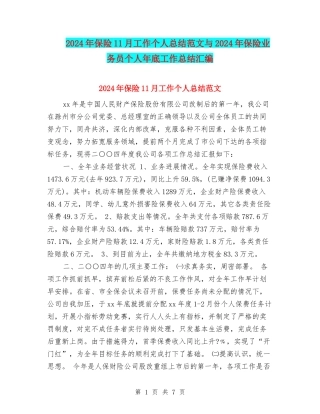 2024年保险11月工作个人总结范文与2024年保险业务员个人年底工作总结汇编