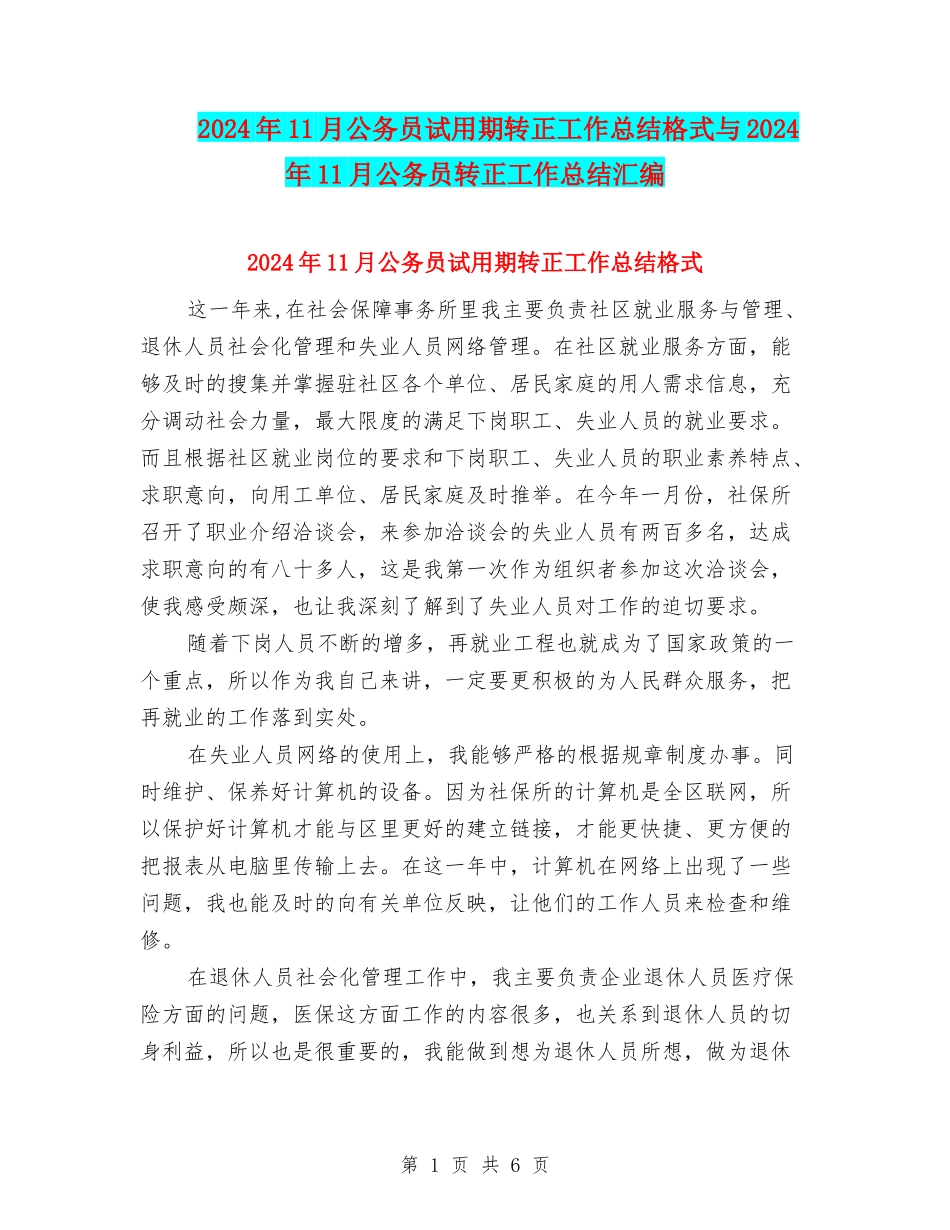2024年11月公务员试用期转正工作总结格式与2024年11月公务员转正工作总结汇编_第1页