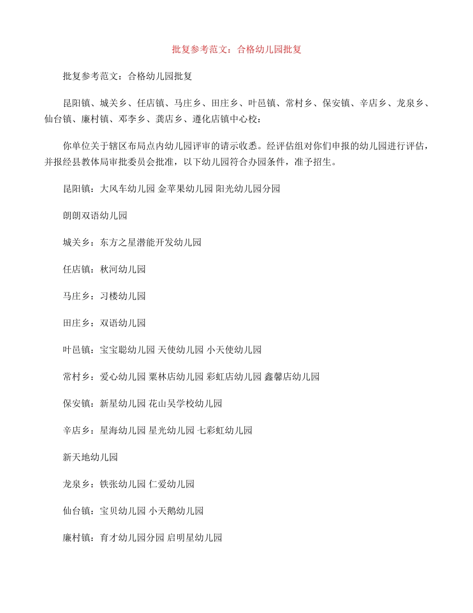 批复参考范文：合格幼儿园批复_第1页