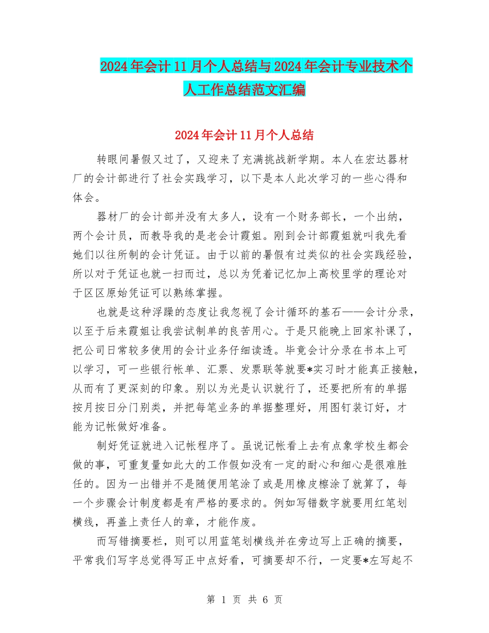 2024年会计11月个人总结与2024年会计专业技术个人工作总结范文汇编_第1页