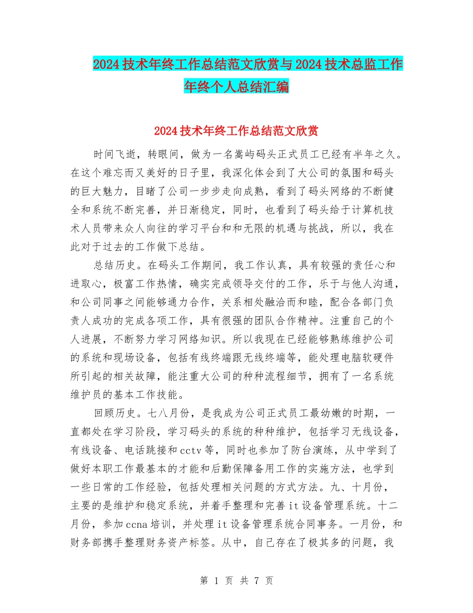 2024技术年终工作总结范文欣赏与2024技术总监工作年终个人总结汇编_第1页