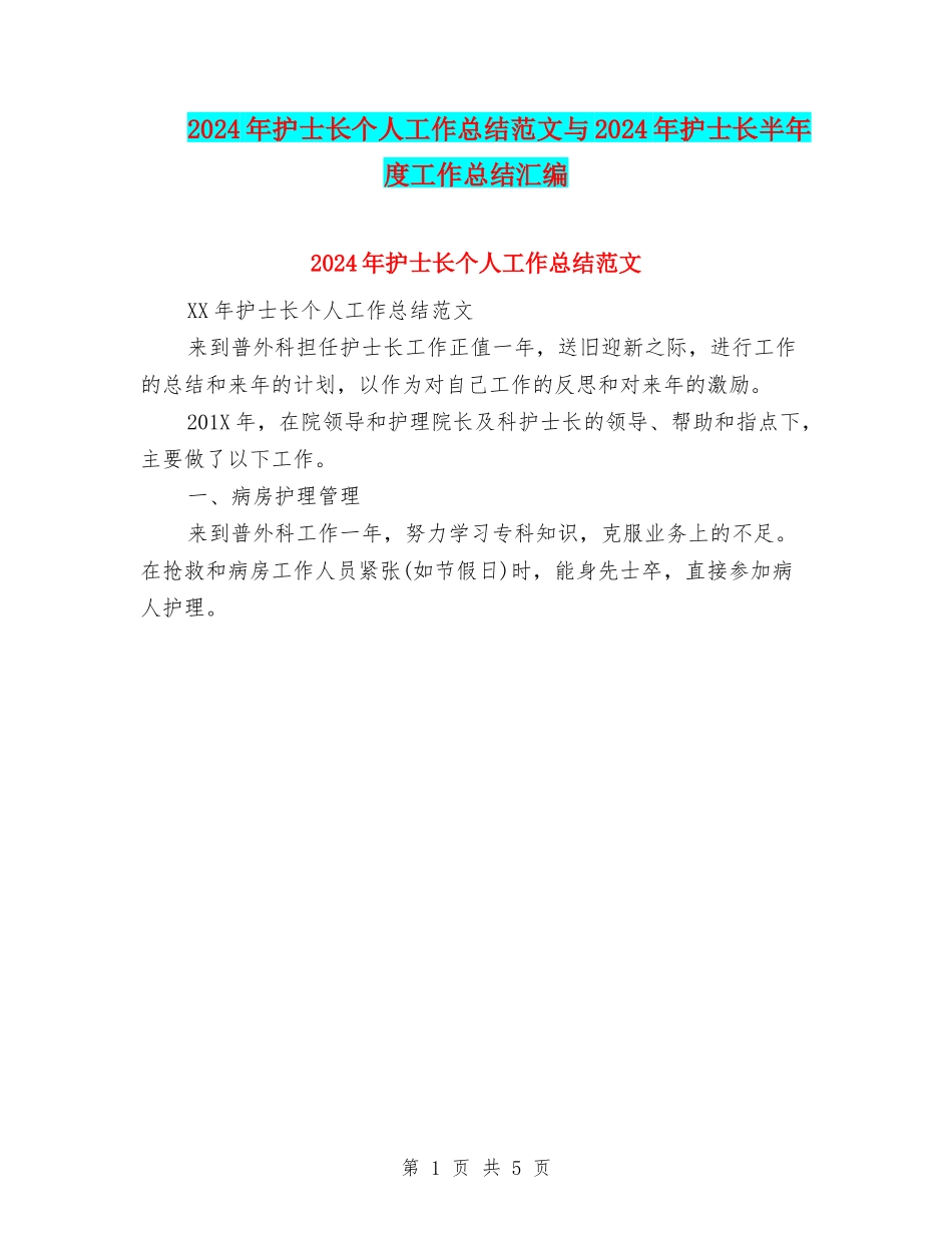 2024年护士长个人工作总结范文与2024年护士长半年度工作总结汇编_第1页