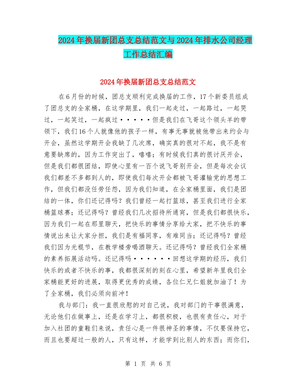2024年换届新团总支总结范文与2024年排水公司经理工作总结汇编_第1页