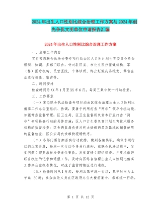 2024年出生人口性别比综合治理工作方案与2024年创先争优文明单位申请报告汇编