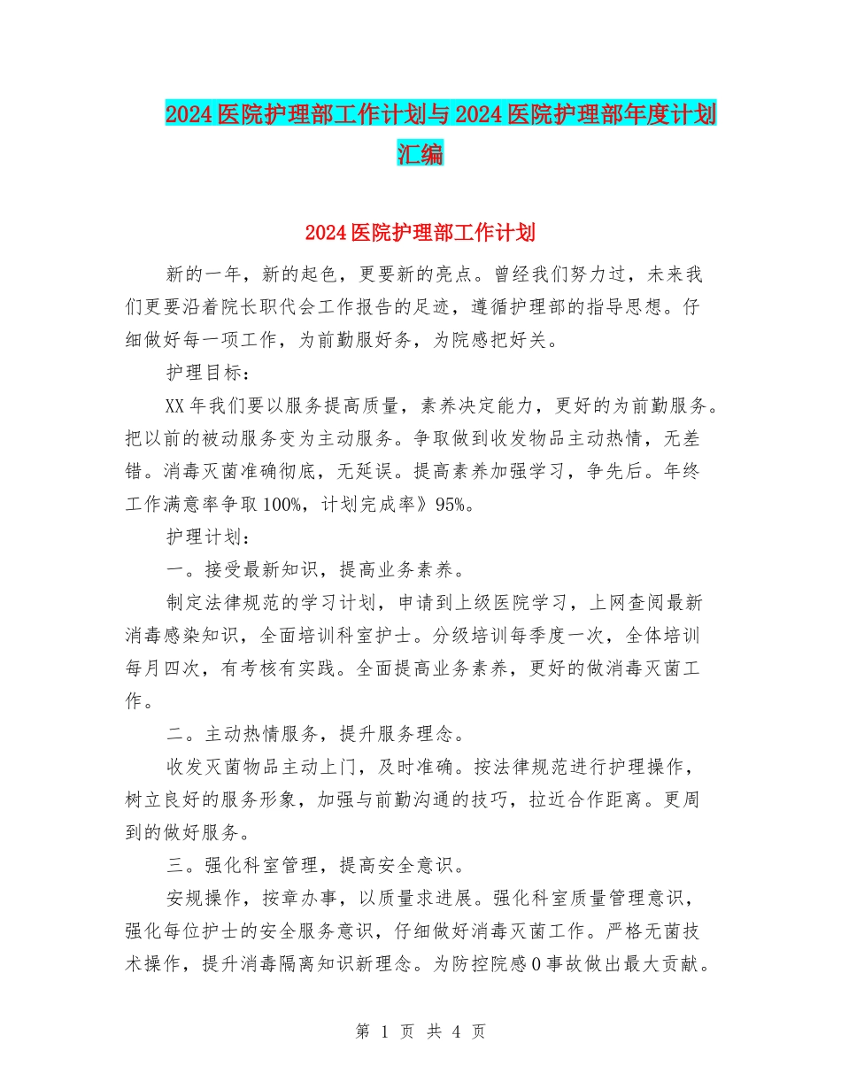 2024医院护理部工作计划与2024医院护理部年度计划汇编_第1页