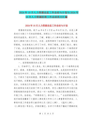 2024年10月人力资源总监工作总结与计划与2024年10月人力资源经理工作总结范文汇编