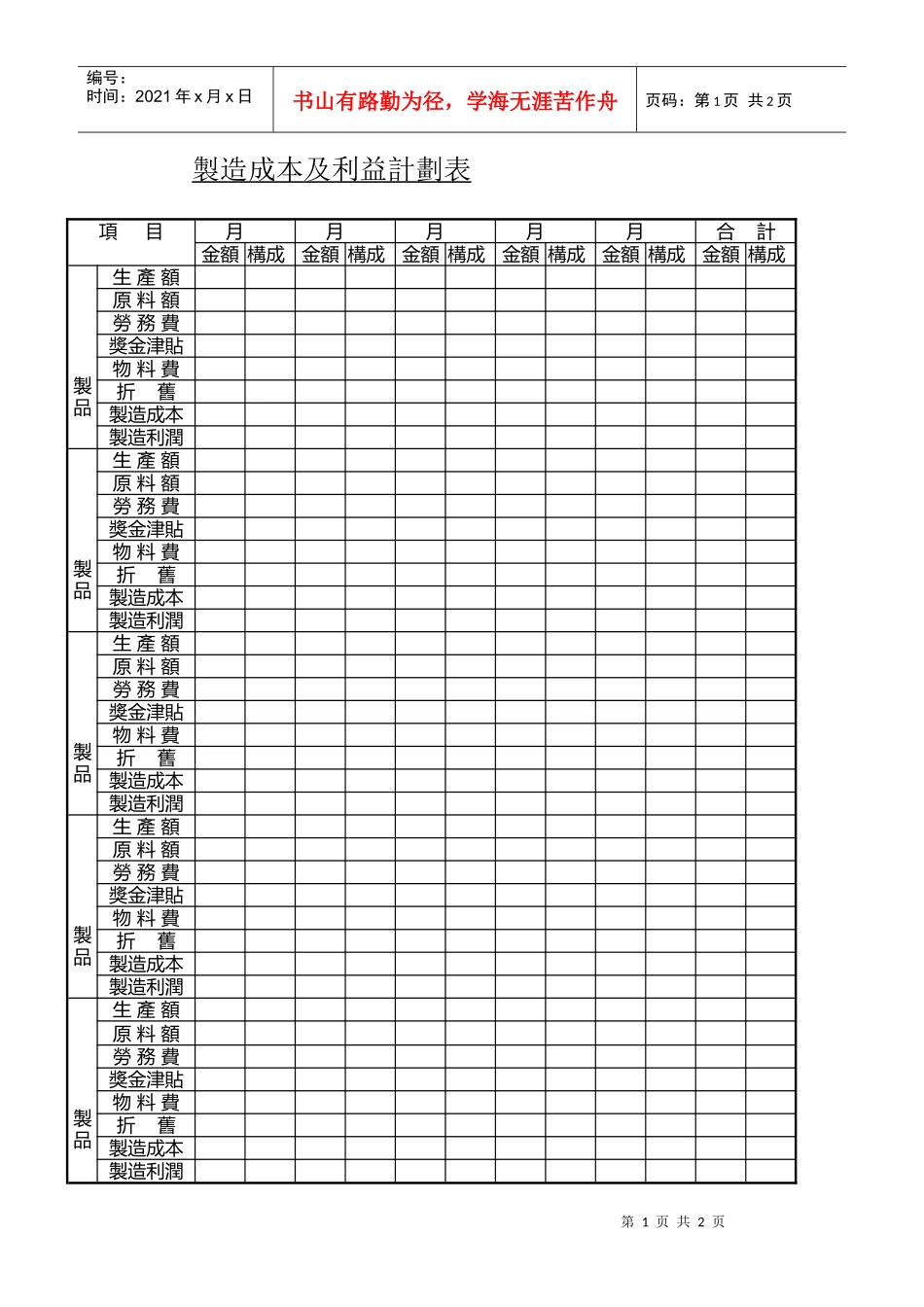 製造成本及利益計劃表_第1页