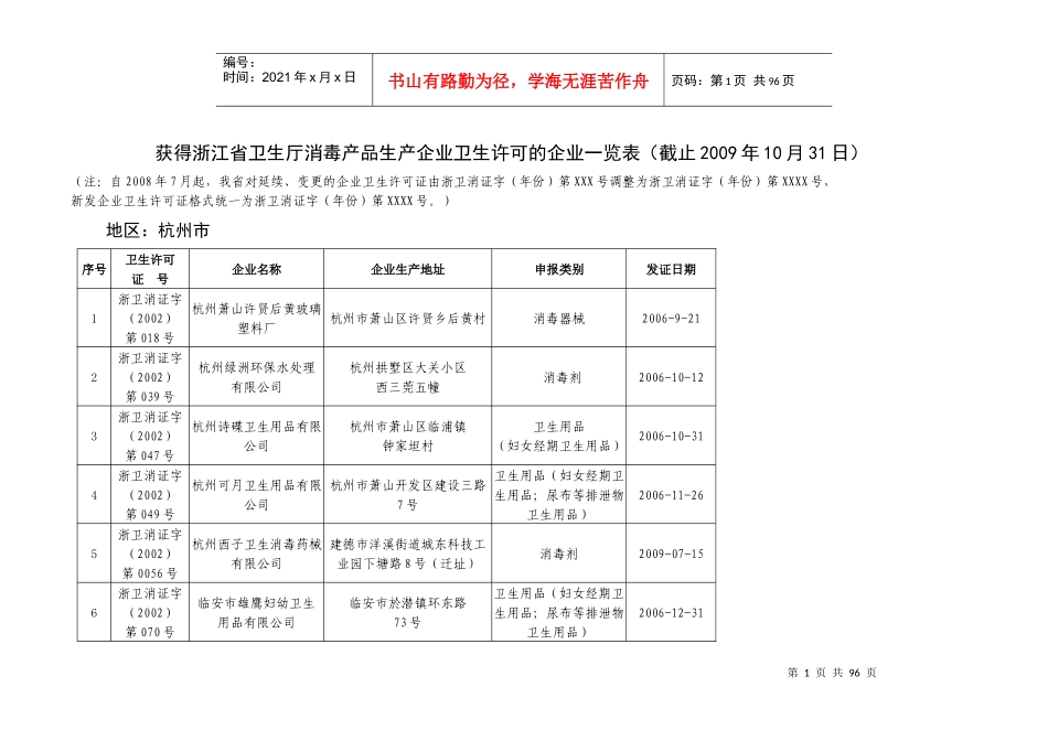 获得浙江省卫生厅消毒产品生产企业卫生许可的企业一览..._第1页