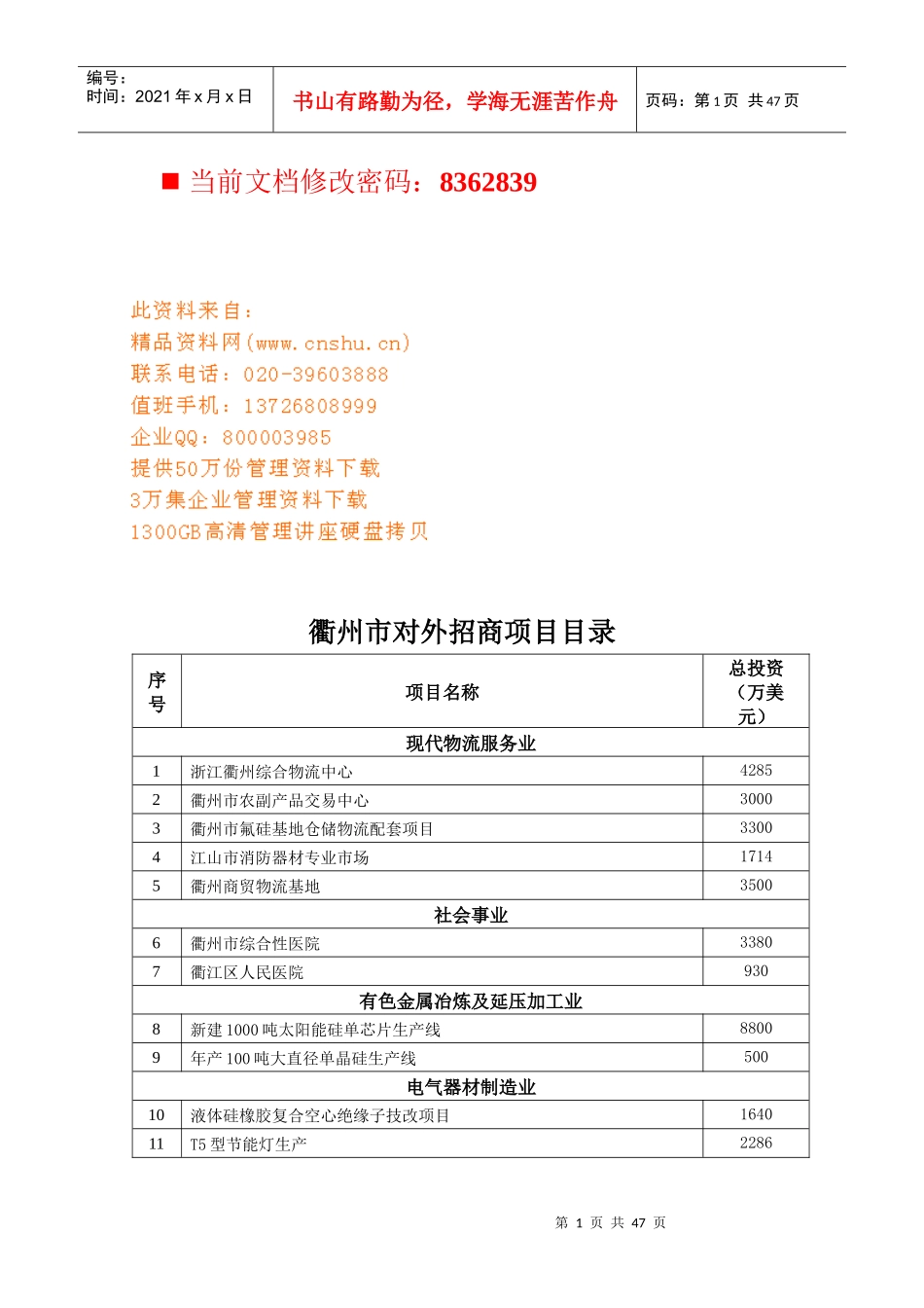 衢州市对外招商项目汇总表_第1页