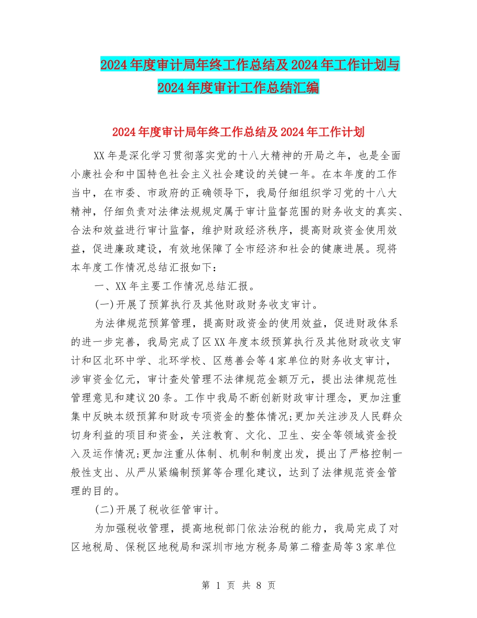 2024年度审计局年终工作总结及2024年工作计划与2024年度审计工作总结汇编_第1页