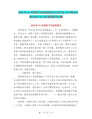 2024年10月宣传工作总结范文与2024年10月局办公室主任个人工作总结范文汇编