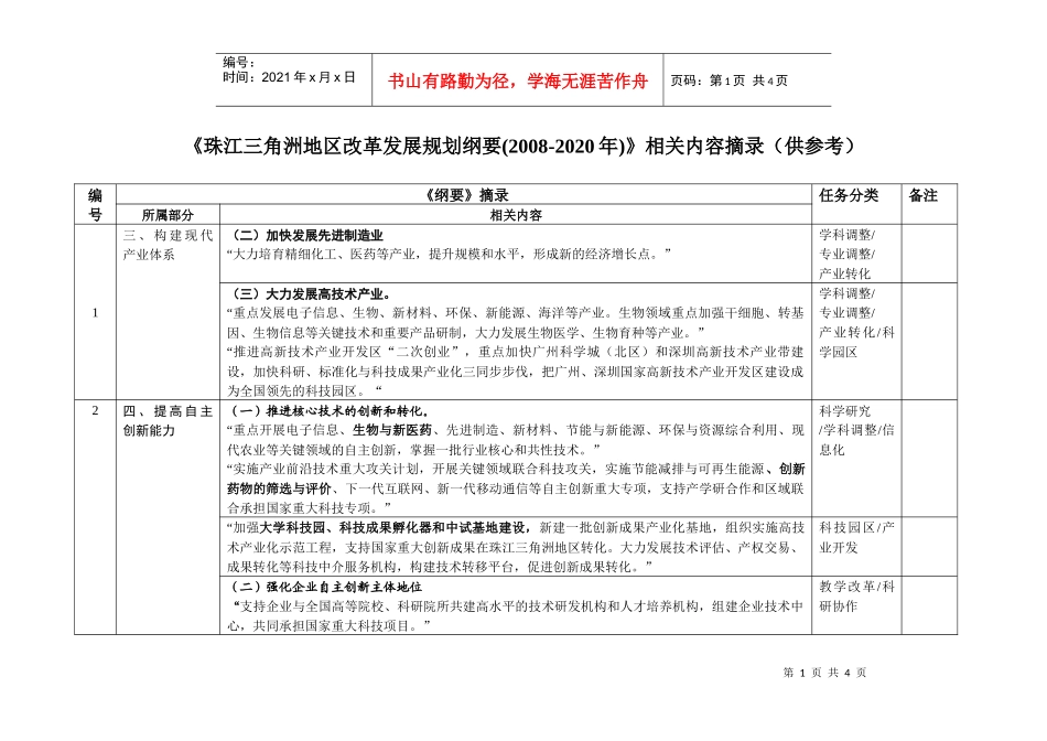 落实《珠江三角洲发展规划纲要》任务初步安排_第1页