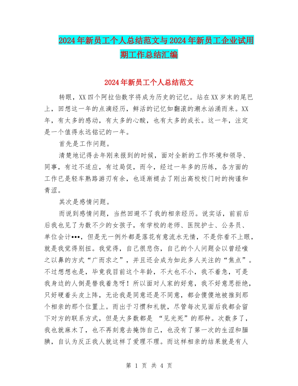 2024年新员工个人总结范文与2024年新员工企业试用期工作总结汇编_第1页