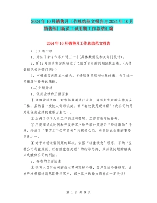 2024年10月销售月工作总结范文报告与2024年10月销售部门新员工试用期工作总结汇编