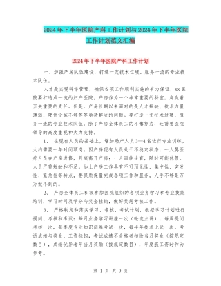 2024年下半年医院产科工作计划与2024年下半年医院工作计划范文汇编