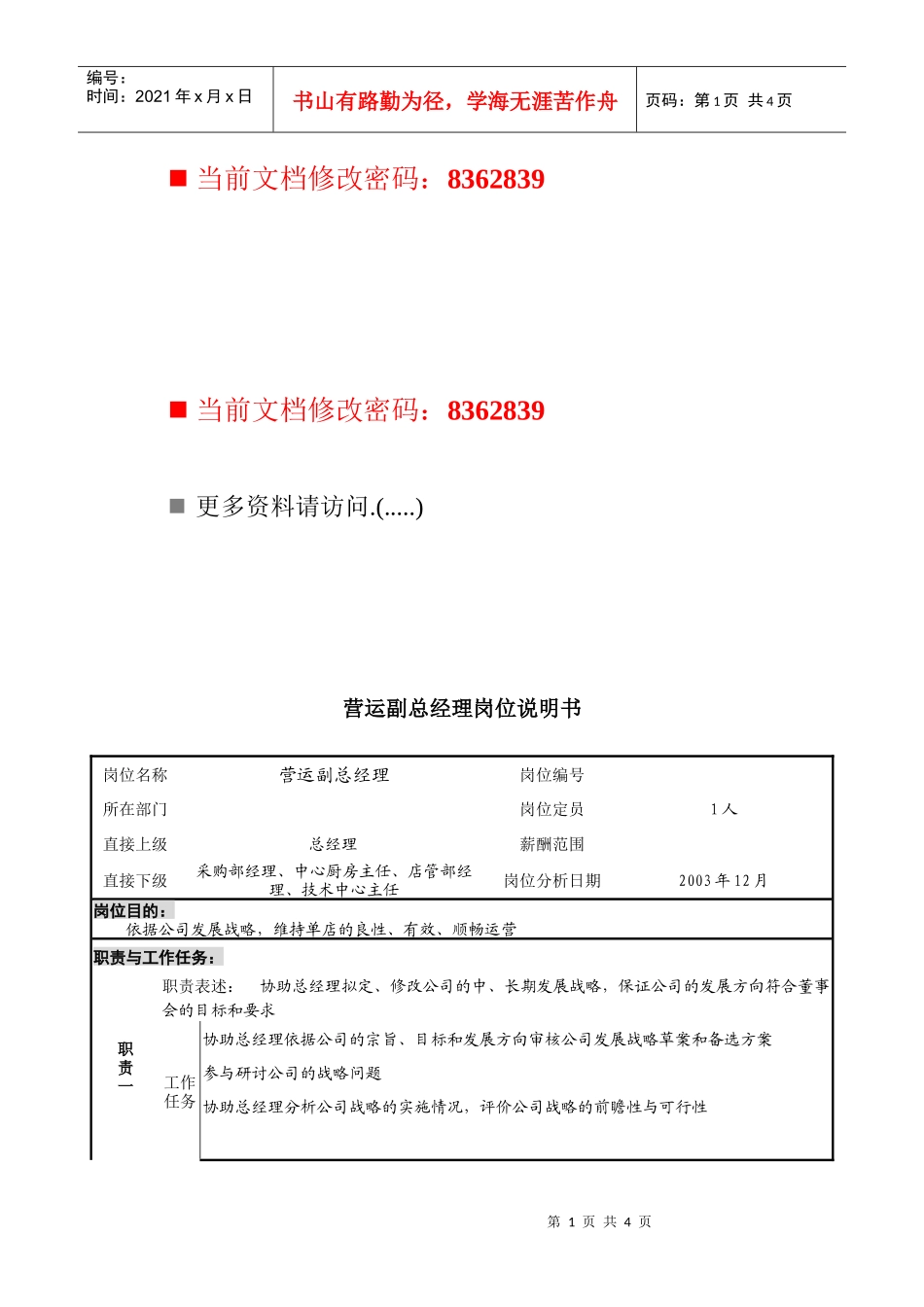 营运副总经理工作说明书_第1页