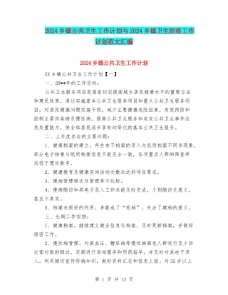 2024乡镇公共卫生工作计划与2024乡镇卫生防疫工作计划范文汇编