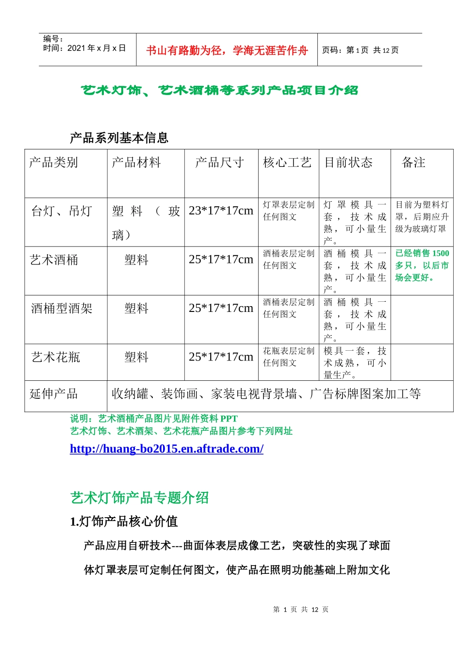 艺术灯饰艺术酒桶等产品融资说明书商业计划书_第1页