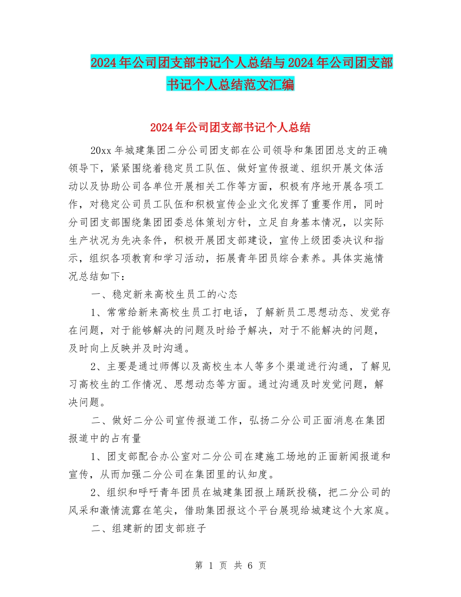 2024年公司团支部书记个人总结与2024年公司团支部书记个人总结范文汇编_第1页