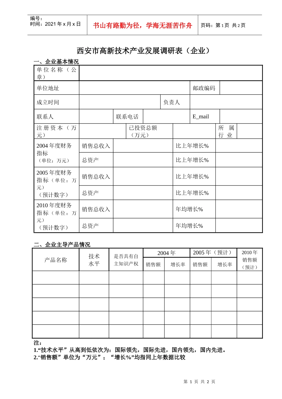 西安市高新技术产业发展调研表（企业）_第1页