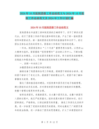 2024年10月医院团委工作总结范文与2024年10月医院工作总结范文及2024年工作计划汇编