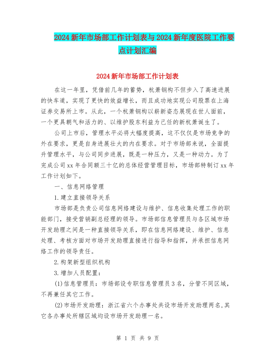 2024新年市场部工作计划表与2024新年度医院工作要点计划汇编_第1页