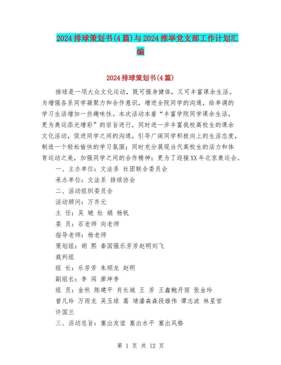2024排球策划书与2024推荐党支部工作计划汇编_第1页