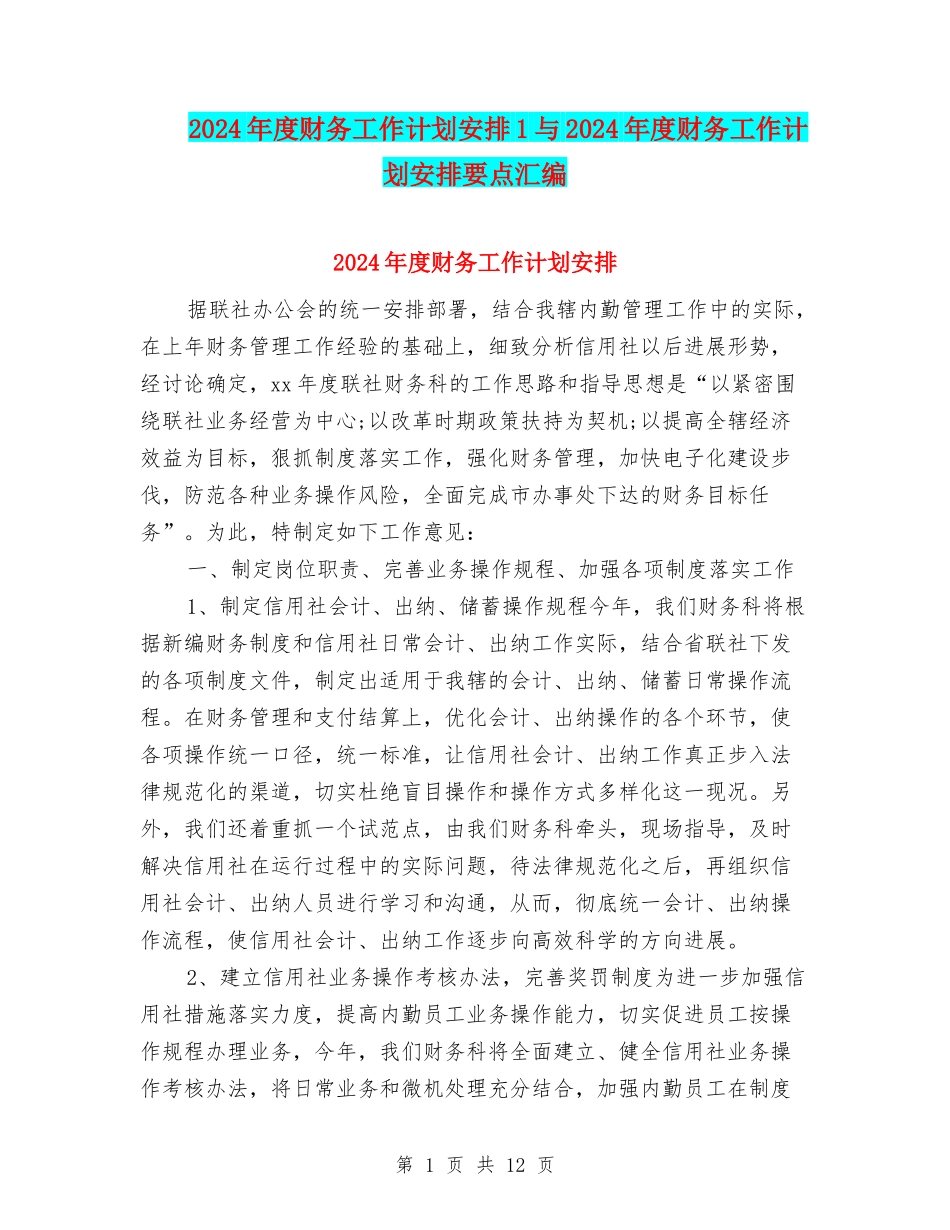 2024年度财务工作计划安排1与2024年度财务工作计划安排要点汇编_第1页