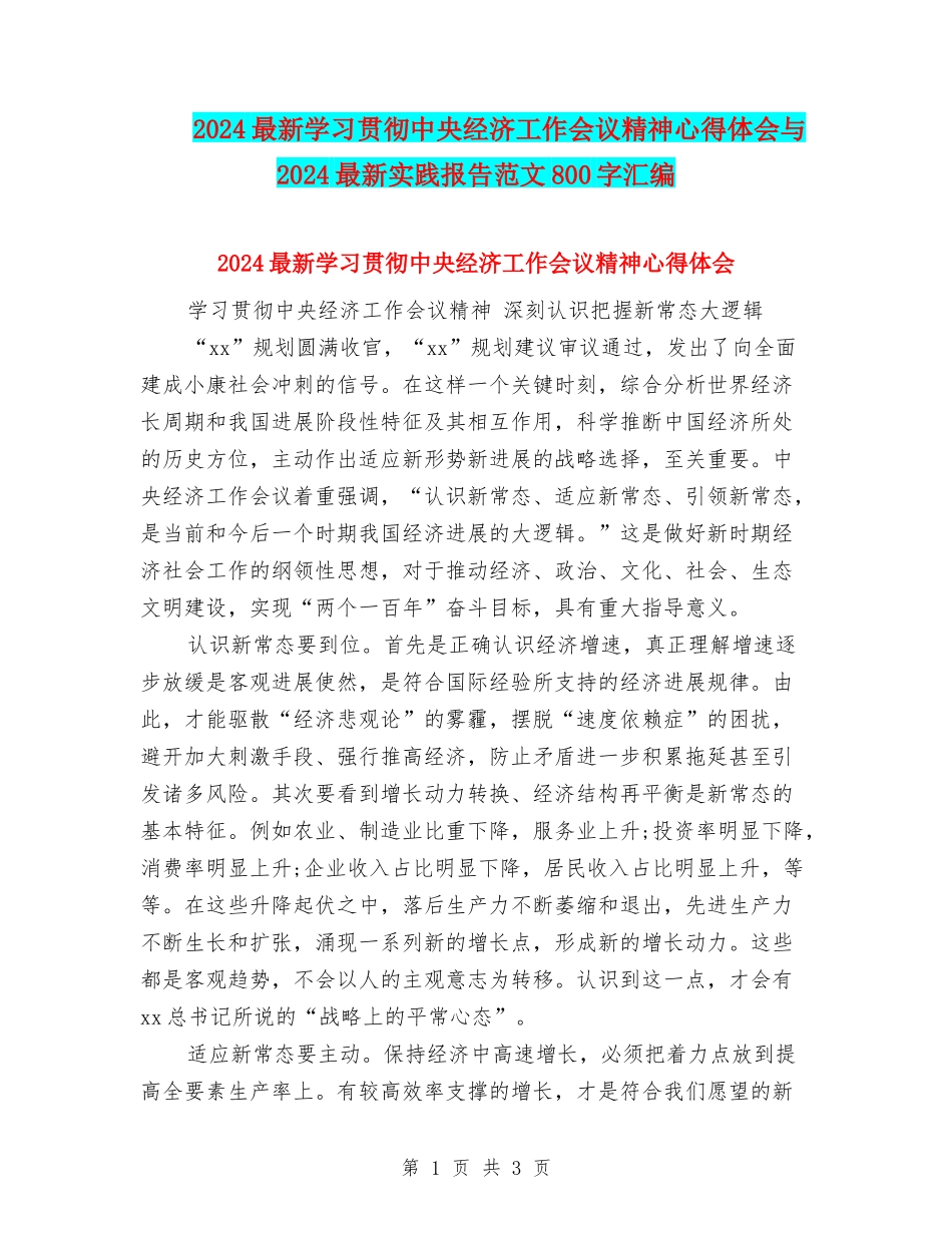 2024最新学习贯彻中央经济工作会议精神心得体会与2024最新实践报告范文800字汇编_第1页