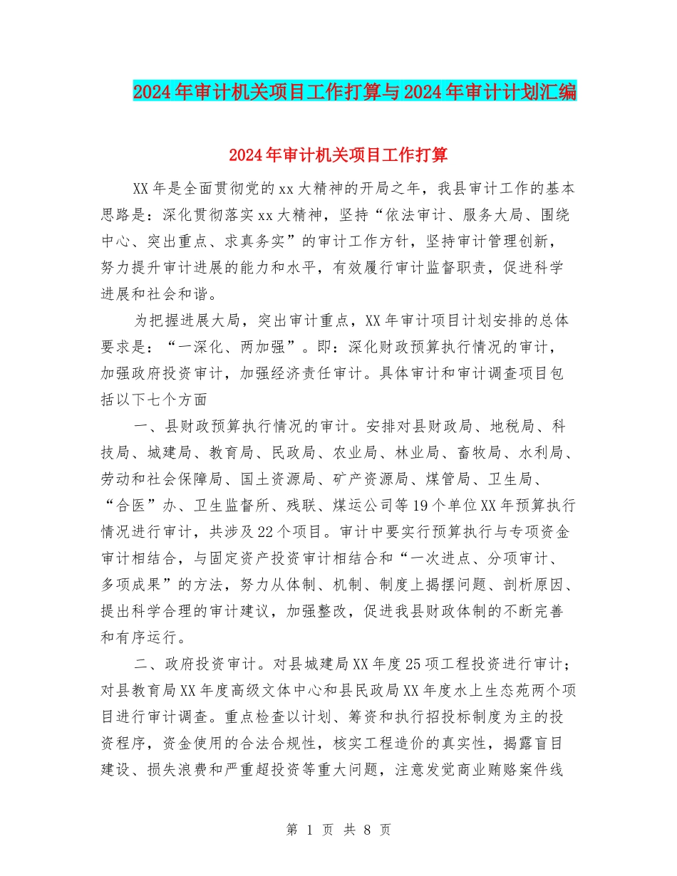 2024年审计机关项目工作打算与2024年审计计划汇编_第1页