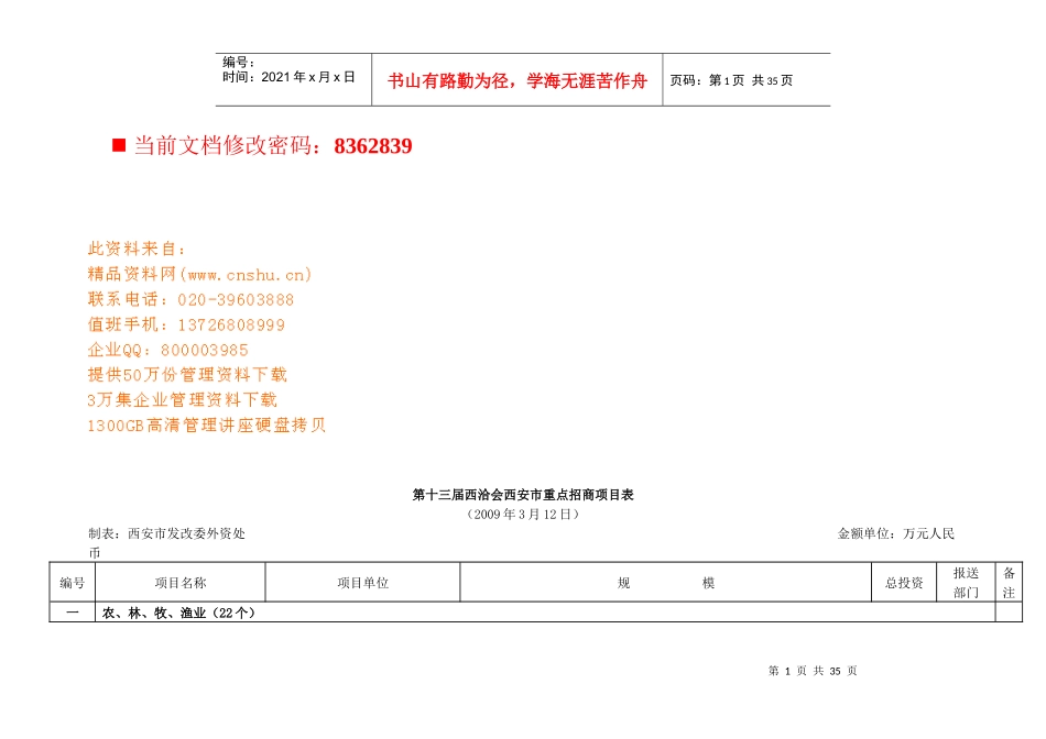 西安市重点招商项目表_第1页