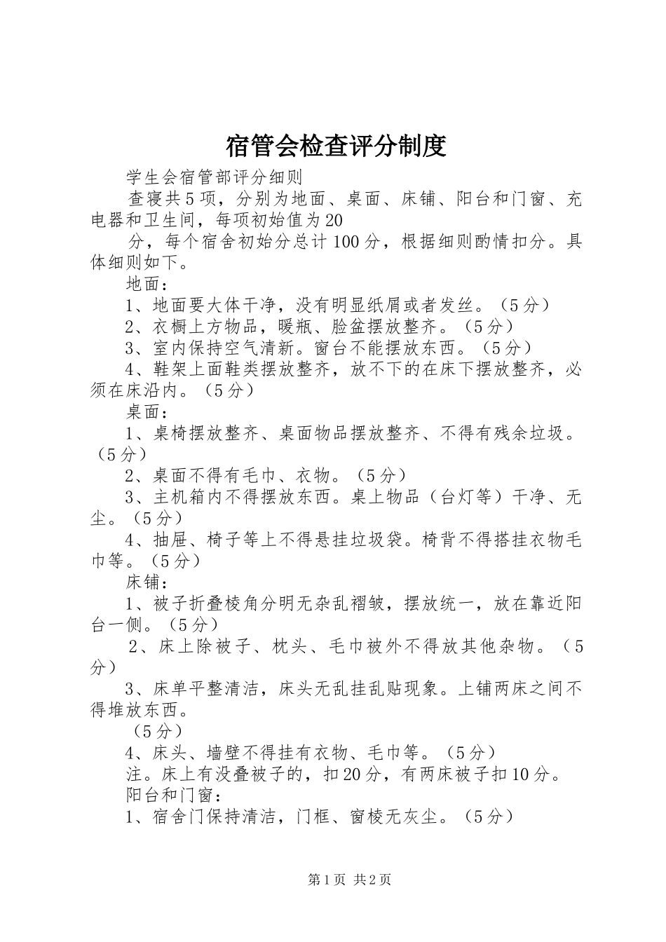 宿管会检查评分规章制度 _第1页