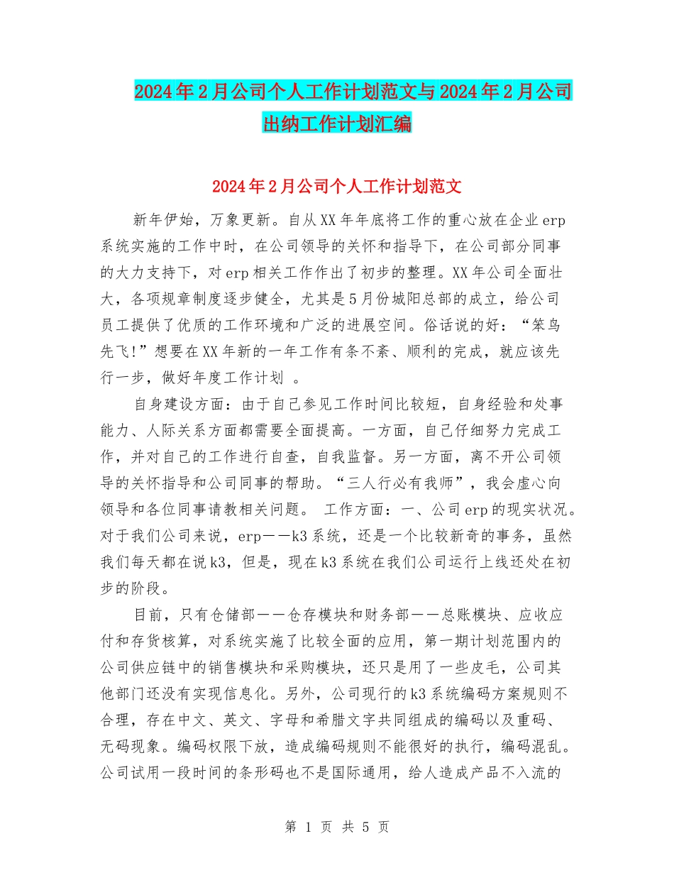 2024年2月公司个人工作计划范文与2024年2月公司出纳工作计划汇编_第1页