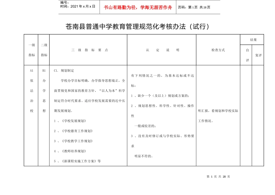 苍南县普通中学教育管理规范化考核办法(试行)_第1页