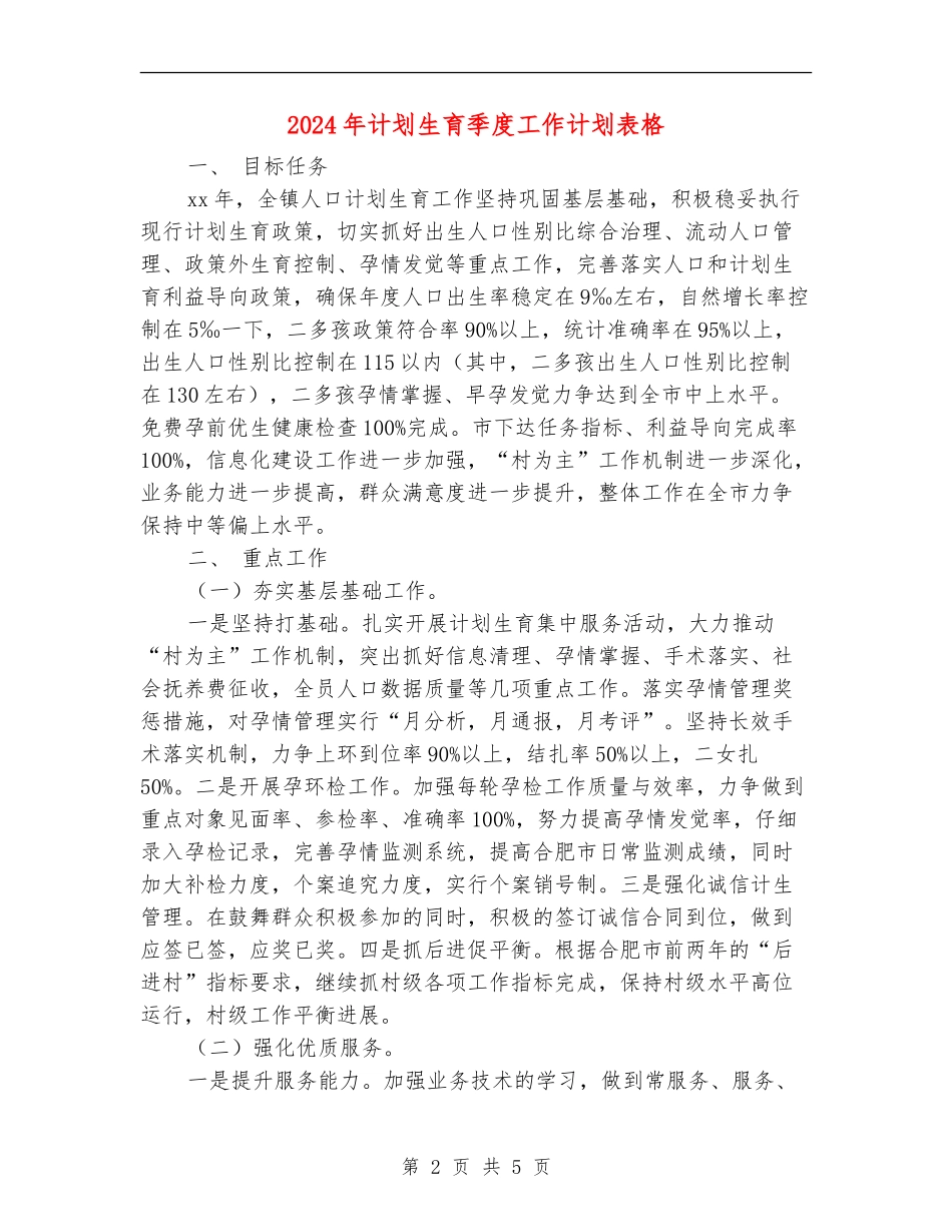 2024年计划生育季度工作计划表格_第2页