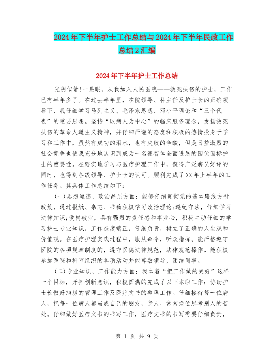 2024年下半年护士工作总结与2024年下半年民政工作总结2汇编_第1页