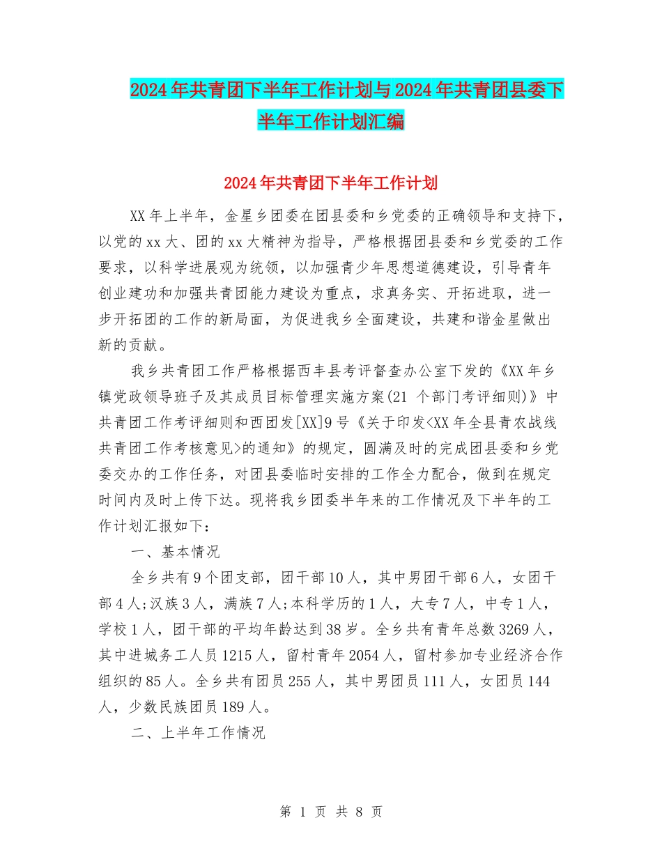 2024年共青团下半年工作计划与2024年共青团县委下半年工作计划汇编_第1页