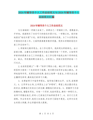 2024年辅导员个人工作总结范文与2024年辅导员个人总结范文汇编