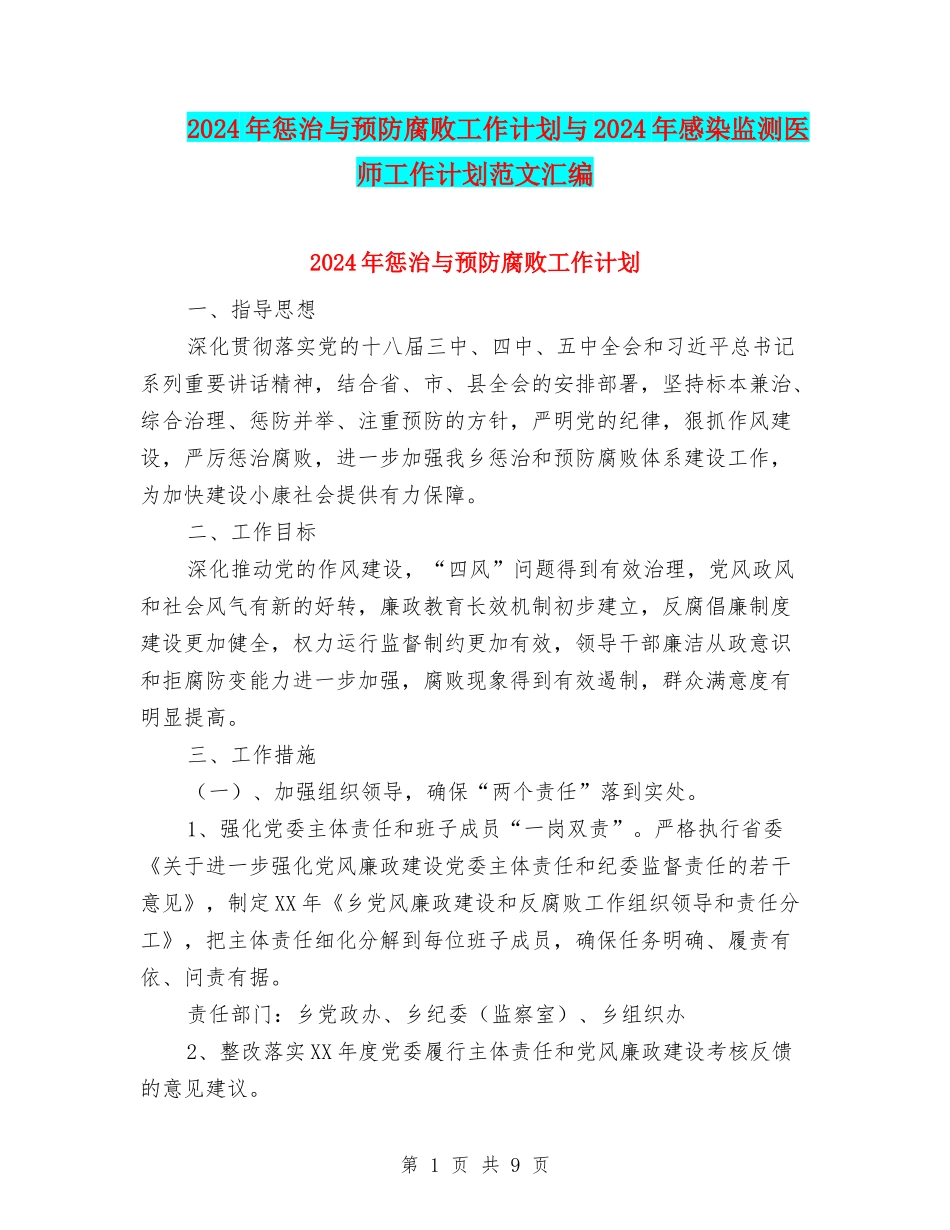 2024年惩治与预防腐败工作计划与2024年感染监测医师工作计划范文汇编_第1页
