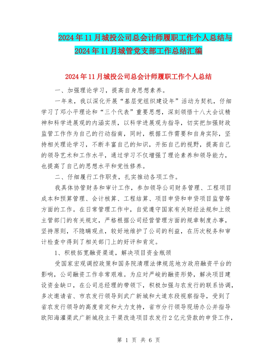 2024年11月城投公司总会计师履职工作个人总结与2024年11月城管党支部工作总结汇编_第1页