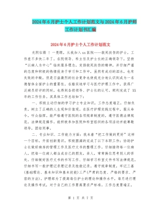 2024年6月护士个人工作计划范文与2024年6月护师工作计划书汇编