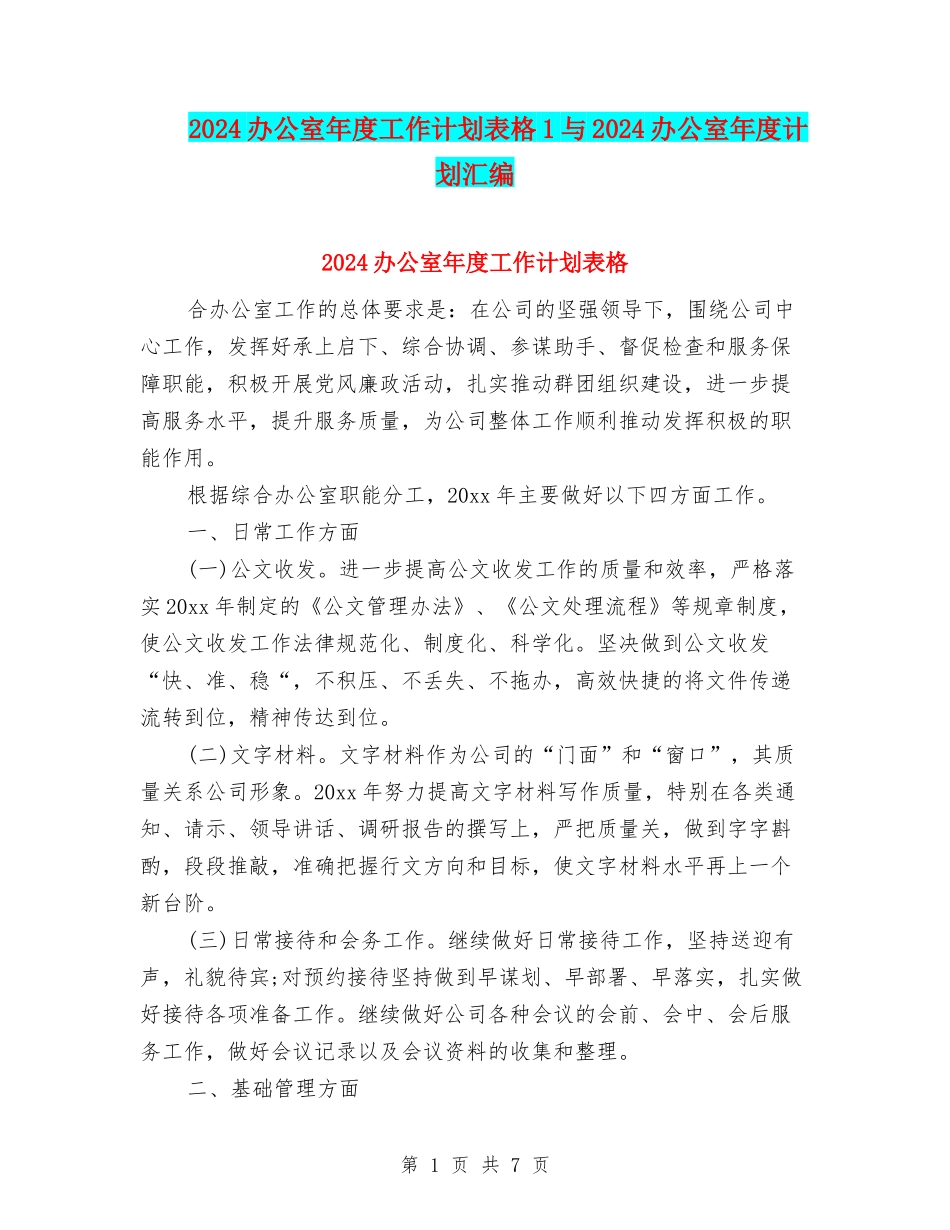 2024办公室年度工作计划表格1与2024办公室年度计划汇编_第1页