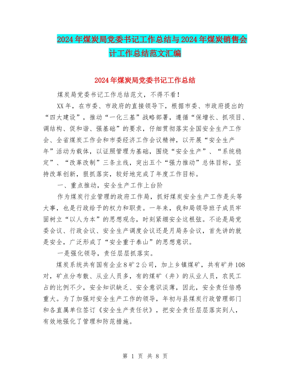 2024年煤炭局党委书记工作总结与2024年煤炭销售会计工作总结范文汇编_第1页