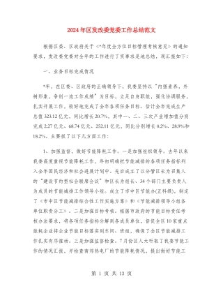 2024年区发改委党委工作总结范文