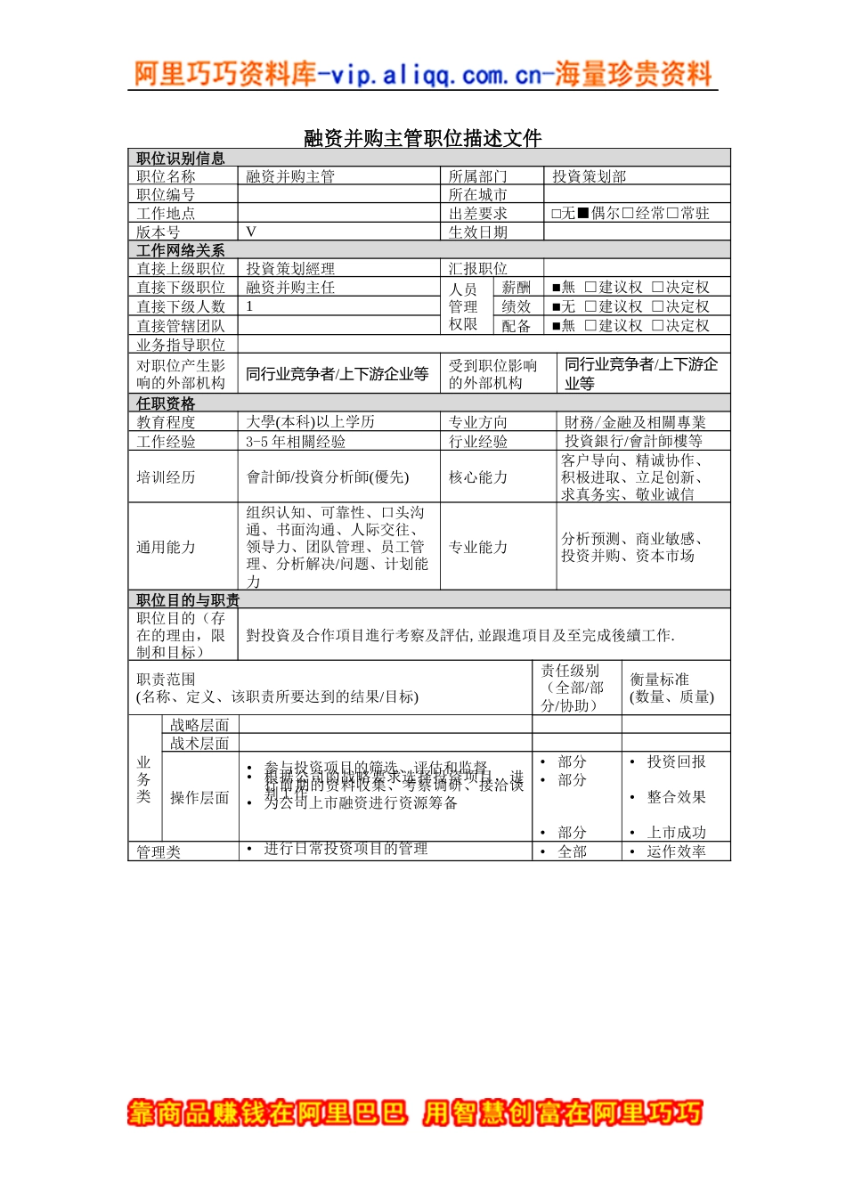 融资并购主管岗位说明书_第1页