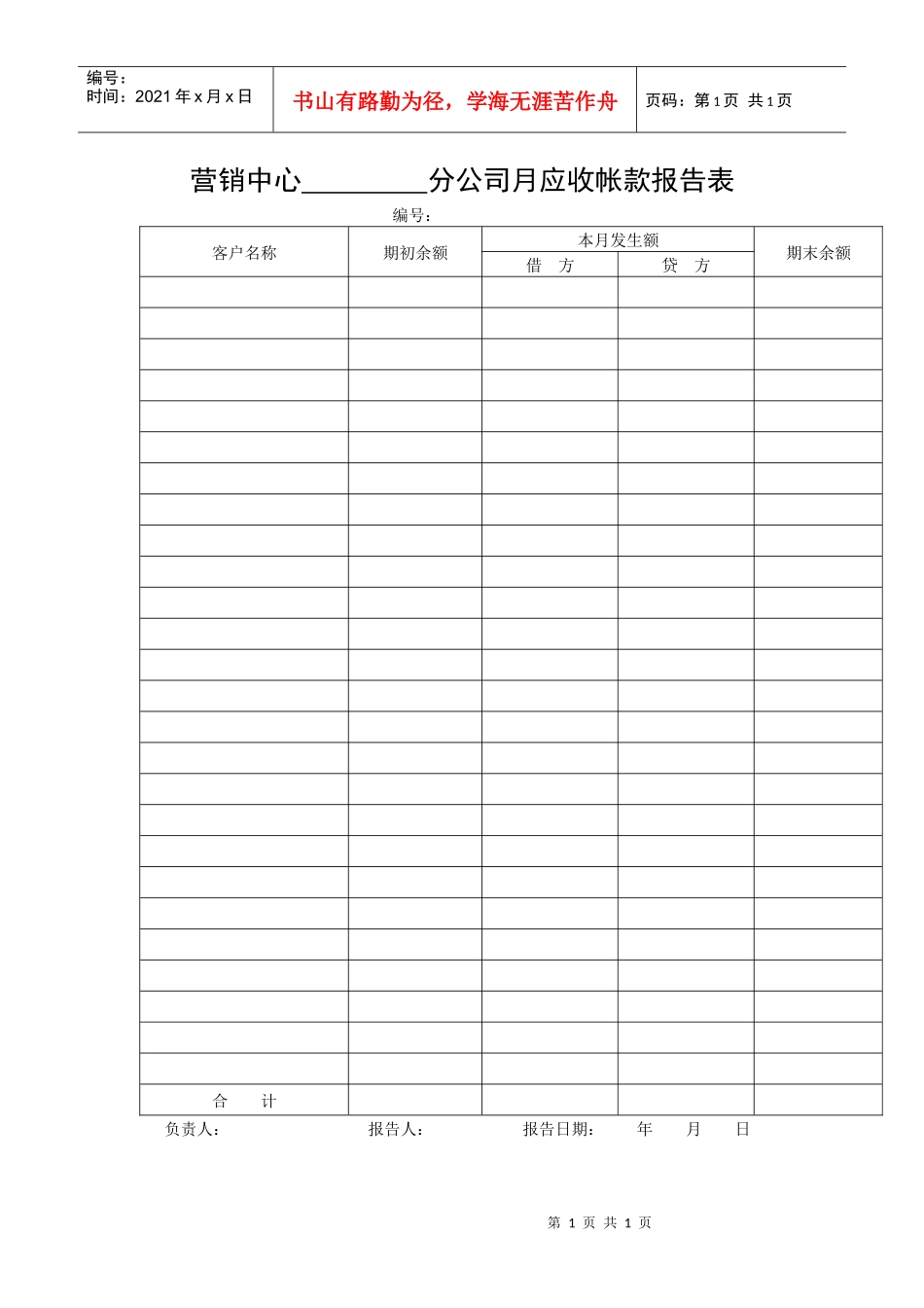 营销中心分公司月应收帐款报告表_第1页