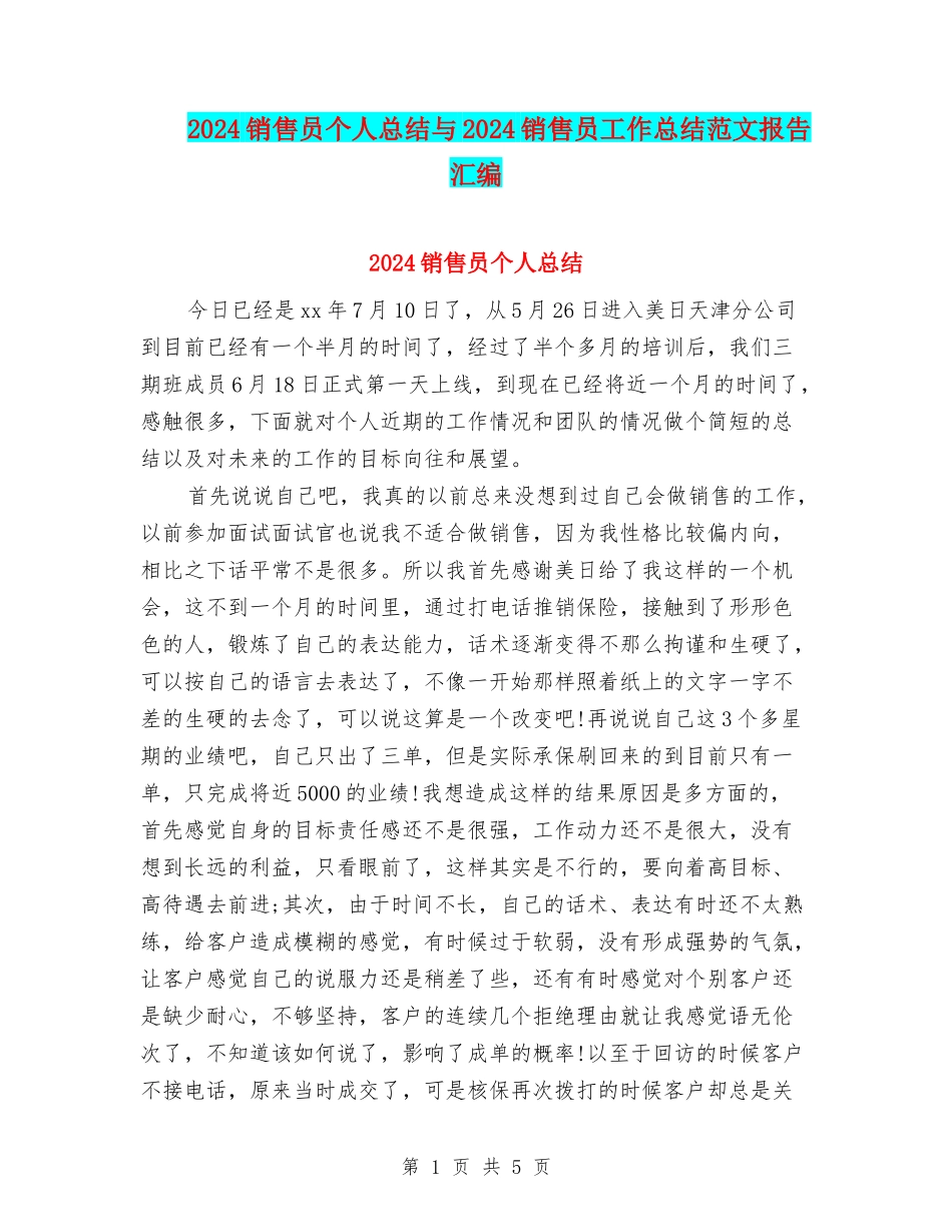 2024销售员个人总结与2024销售员工作总结范文报告汇编_第1页