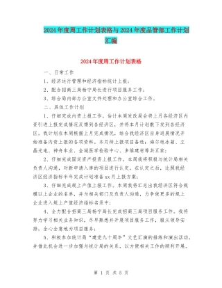 2024年度周工作计划表格与2024年度品管部工作计划汇编